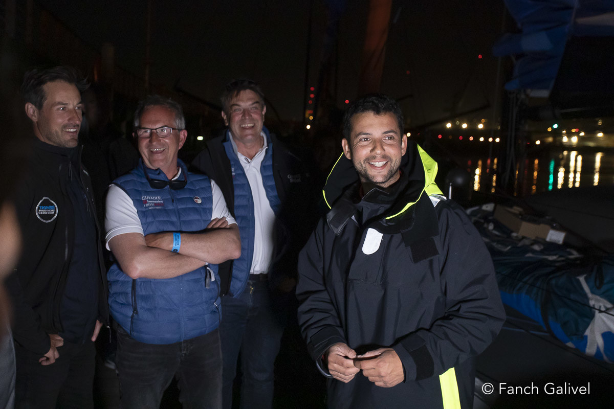Arrivée de Guirec Soudée ( 16 ème ) avec l'Imoca "Freelance.com"  à Brest lors de la Guyader-Bermudes 2022.